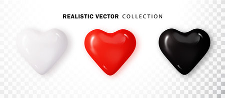 Hearts 3d realistic set. Black, red, white glossy hearts. Symbol love heart shape isolated. Vector object for Valentine s Day design, mockupのイラスト素材