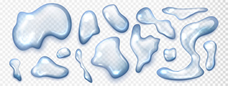 Water spill set isolated. Realistic aqua liquid splashes top view set on transparent background. 3d water splashes, rain droplets, liquid spillsのイラスト素材