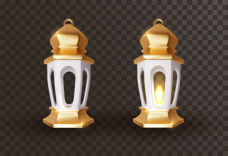 Arabic lanterns realistic lanterns with glowing. Islamic Realistic traditional Muslim symbols of Ramadan Mubarak fanout isolated on transparent background.のイラスト素材