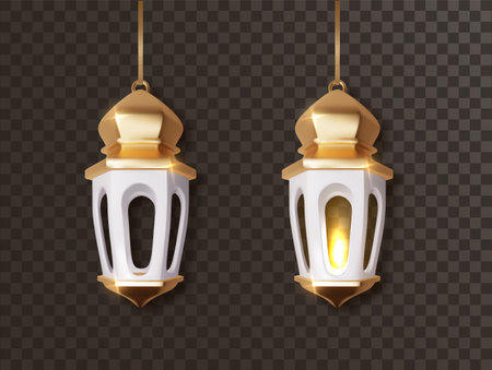 Gold Arabic luminous lanterns. Arabic shining lamps. Isolated hanging realistic lamps. Effects of transparent vector background.のイラスト素材
