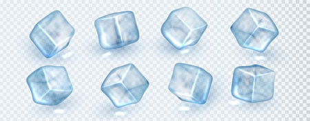 Blue transparent ice cubes. Vectror realistic clear crystal 3d pieces in different angles isolatedのイラスト素材