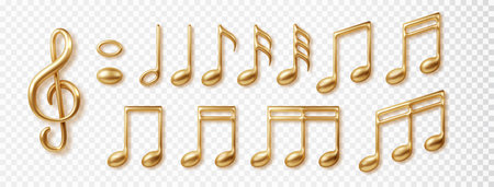 Golden music notes collection isolated on transparent background. Vector 3d realistic icon.のイラスト素材