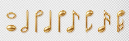 Gold Music notes isolated 3d icons set. Vector realistic metallic note symbols isolated on transparent background.のイラスト素材