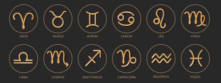Luxury Zodiac gold signs on dark background. Realistic Astrological signs set vector Illustration.のイラスト素材