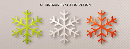 Snowflakes 3d set colors. Realistic red, white, green Christmas decoration isolated on transparent background. Holiday design vector objectsのイラスト素材