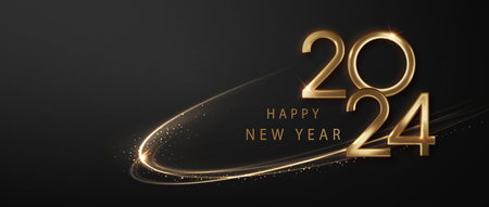 2024 Happy New Year background with golden waves swirl with golden sparkles on black background. Abstract shiny color gold wave premium holiday design element.のイラスト素材
