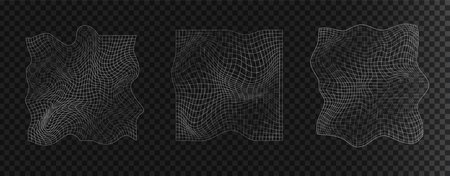 Distorted grid shapes isolated. Retrofuturistic warped mesh grid. Curved mesh abstract elements. Retro punk design element. Vector curve surface backgroundのイラスト素材