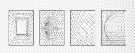 Wireframe grid Geometry backgrounds. Abstract 3d cyberpunk elements vector set in trendy psychedelic rave style. Y2k retro futuristic aestheticのイラスト素材