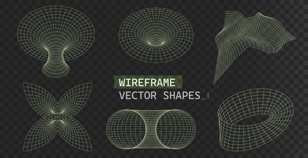 Geometry wireframe abstract shapes. Futuristic connection structure for chemistry and science. Cyberpunk vector elements, grid y2k futuristic aestheticのイラスト素材