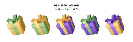 Gift boxes set in Halloween colors. Realistic vector 3d glossy boxes with highlights isolated on white background. Vector illustrationのイラスト素材