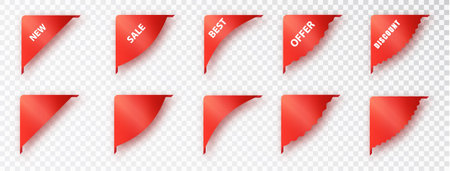 Red sale labels with distinctive corner accents, indicating enticing discounts and promotions. Realistic vector collection of red price tagsのイラスト素材