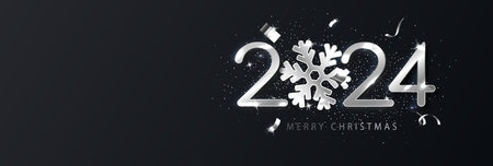 2024 with silver Happy New Year background adorned with snowflakes. Black New Year backdrop...