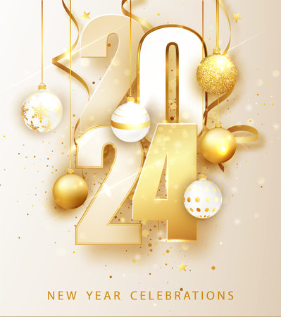 Happy new year 2024. Holiday vector illustration of numbers 2024. Gold Numbers Design of greeting card.のイラスト素材