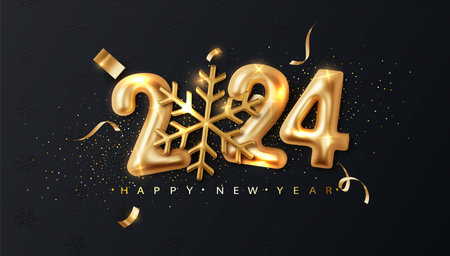 2024 Gold numbers with snowflake on black Christmas festive glitter background. New Year greeting background for the date 2024.のイラスト素材