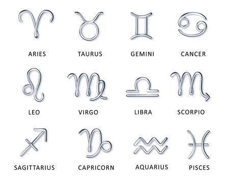 Zodiac silver signs with latin names vector illustrations set. Realistic symbols for astrological calendar, horoscope. Luxury 3d signs set for astrology horoscope predictionsのイラスト素材