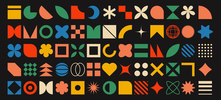 Brutalist Aesthetics with Abstract Geometric Shapes. Contemporary Figures, Stars, Ovals, and Spirals in Bauhaus and Memphis Design Styles.のイラスト素材