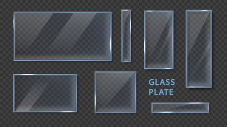 Glass plates template realistic set isolated on dark background. 3d clear glass banner or frame. Acrylic and glass texture with glares and lightのイラスト素材