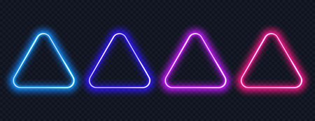 Neon button triangle set. Glowing colorful border with copy space. Realistic neon frame isolatedのイラスト素材