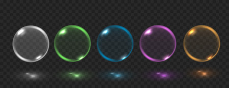 Realistic glass bubbles with reflections isolated on dark background.. Colorful crystal soap spheres. 3d vector set.のイラスト素材