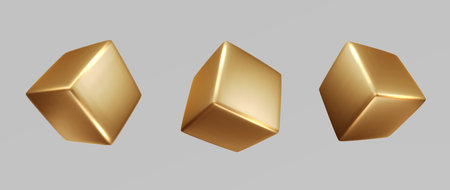 Golden cube Isolated. Realistic 3d object shapes cube and geometric block, square. Gold color vector...