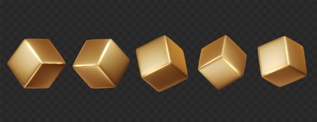 Gold 3D cubes pack isolated on dark background. Realistic vector geometric shapes in different light, perspective and angleのイラスト素材