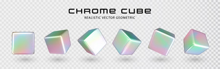3D chrome cube set with rainbow effect. Modern multicolor metal object, futuristic design with neon gradient. Realistic y2k holographic shape for modern futuristic design aestheticsのイラスト素材
