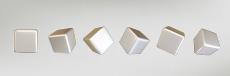 Silver chrome metal realistic cubes set isolated. Render a rotating chrome steel box with different...