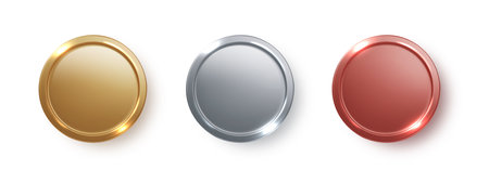 Award golden, silver and bronze blank medals isolated. 3d realistic round frames medal or coin, winner emblemのイラスト素材