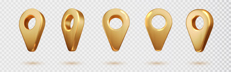 Map pointer golden color isolated. location pin or navigation. Realistic 3D Location or map pin. Symbol shape design for navigation, direction, gps and travel concept.のイラスト素材