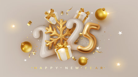 2025 number with golden snowflake and gift boxes . Happy New Year and Merry Christmas 2025. Greeting card. Vector realistic 3dのイラスト素材