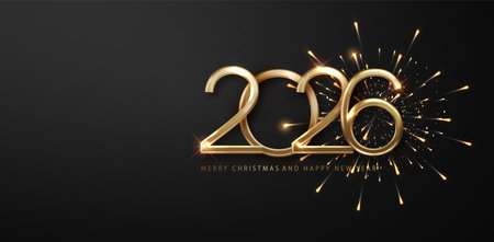 2026 New Year golden fireworks luxury background. Festive Christmas Holiday Greeting Card Designのイラスト素材