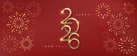 Golden Happy New Year 2026 number design. Chinese banner on red background festive luxury vector designのイラスト素材