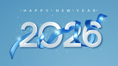 Blue 2026 Happy New Year with realistic 3d ribbon. Festive Christmas banner for holiday with...
