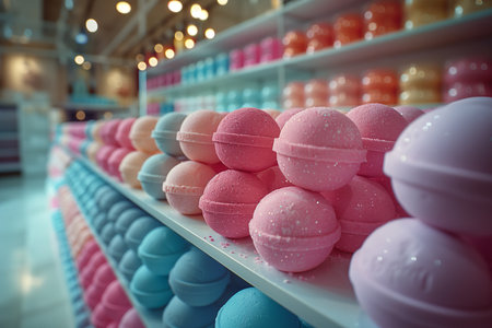 A colorful display of bath bombs, evoking joy and relaxation. High quality photoの素材