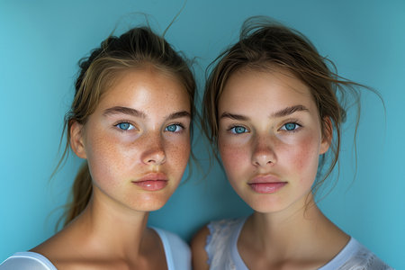 A before-and-after transformation showing the power of makeup and skincare routines Two young women stand next to each other on a blue background, likely displaying facial features like hair, face, nose, head, eyebrow, mouth, ear, eyelash, jaw , and gesturesの素材