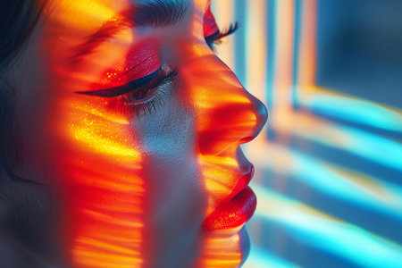 A cosmetics advertisement with bold typography and vibrant colors, catching attention.A close up of a womans face illuminated by colorful lights reflecting on her. The lights create a vibrant and striking visual effect on her featuresの素材