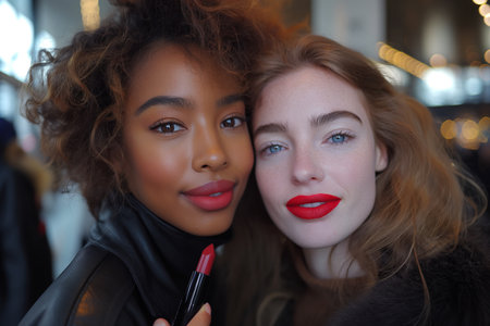 A group of friends trying on different lipsticks at a cosmetics store, enjoying a fun outing .Two women are smiling for a photo, with one of them wearing red lipstick accentuating her lips. The image captures details like hair, nose, lips, and eyelashesの素材