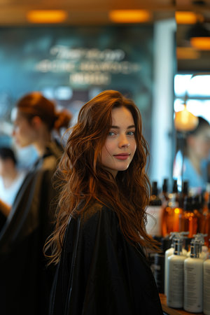 A hairstylist blow-drying a client's hair, capturing movement and glamor A woman with brown hair in a salon, surrounded by a fun atmosphere with flash photography, fashion design, and electric blue accents. Background includes hair, tableware, and a barrelの素材