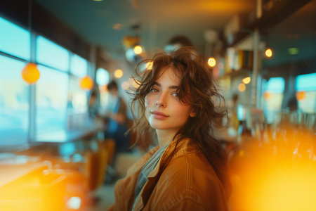 A hairstylist blow-drying a client's hair, capturing movement and glamor In a restaurant, a woman is joyfully smiling at the camera with happiness. Her leisure time in the city seems to be fun and filled with travel adventuresの素材