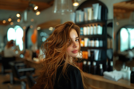 A hairstylist blow-drying a client's hair, capturing movement and glamor In a hair salon, a woman stands as her hair sways in the breeze, creating a dramatic effectの素材
