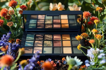 A makeup palette inspired by nature, featuring earthy tones and botanical extracts A beautiful array of eye shadows sits amidst a charming display of colorful flowersの素材