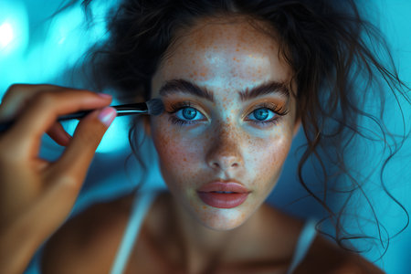 A makeup artist creating bold, editorial looks for a photoshoot, showcasing artistry A woman is having her makeup done in front of a mirror, focusing on her forehead, nose, skin, lips, eyebrows, lashes, and paying attention to details for vision care and color coordinationの素材