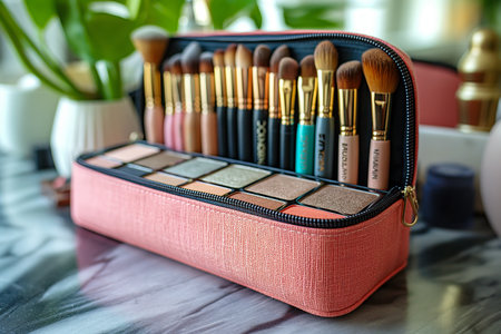 A makeup bag filled with essentials for on-the-go touch-ups, emphasizing convenience In the pink case there are various makeup brushes and a palette of colors for creating beautiful looks. The case is an essential accessory for anyone interested in cosmetics and artの素材