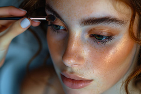 A makeup artist creating bold, editorial looks for a photoshoot, showcasing artistry A woman is using a brush to apply makeup to her eyebrows. The woman is focused on enhancing the beauty of her eyes and faceの素材