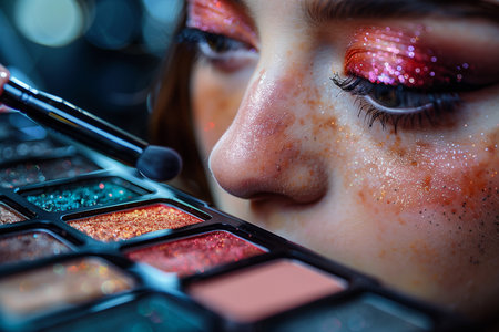 A makeup artist blending eyeshadow shades on a palette A woman is using a brush to apply makeup to her face, focusing on her cheeks, lips, eyebrows, eyes, and eyelashes, with eye shadow and eyeliner. The art of cosmetics applicationの素材