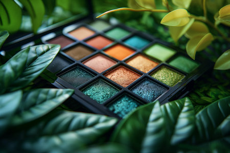 A makeup palette inspired by nature, featuring earthy tones and botanical extracts A palette of eye shadows is displayed against a backdrop of lush green leaves, creating a vibrant and natural settingの素材
