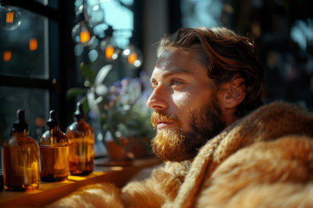 A man applying beard oil, focusing on grooming and self-care for men A man with a beard is gazing contemplatively through a window, reflecting on thoughts unknownの素材