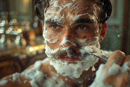 A man shaving with a straight razor, focusing on precision and detail. High quality photoの素材