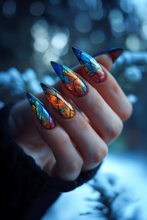 A person receiving a professional manicure, highlighting nail art and creativity A detailed view of a womans nails showcasing an intricate stained glass design, highlighting the beauty of nail care and artistic expressionsの素材