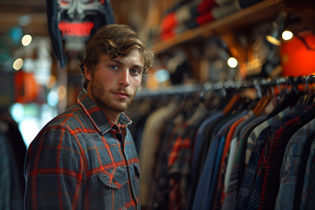 A man browsing through shirts on a clothing rack, considering his options. In a city retail store, a man wearing a plaid shirt stands in front of a rack of clothes, possibly searching for a specific attire like a dress shirt or a tshirtの素材
